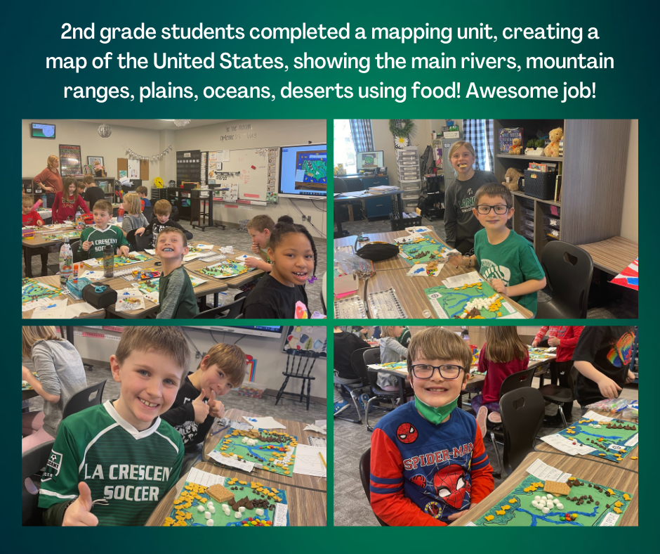 2nd grade students completed a mapping unit, creating a map of the United States, showing the main rivers, mountain ranges, plains, oceans, deserts using food! Awesome job!