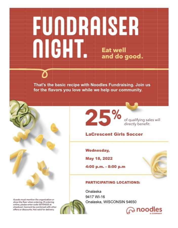 La Crescent girls soccer fundraiser at noodles and co.  May 18th 4-8
