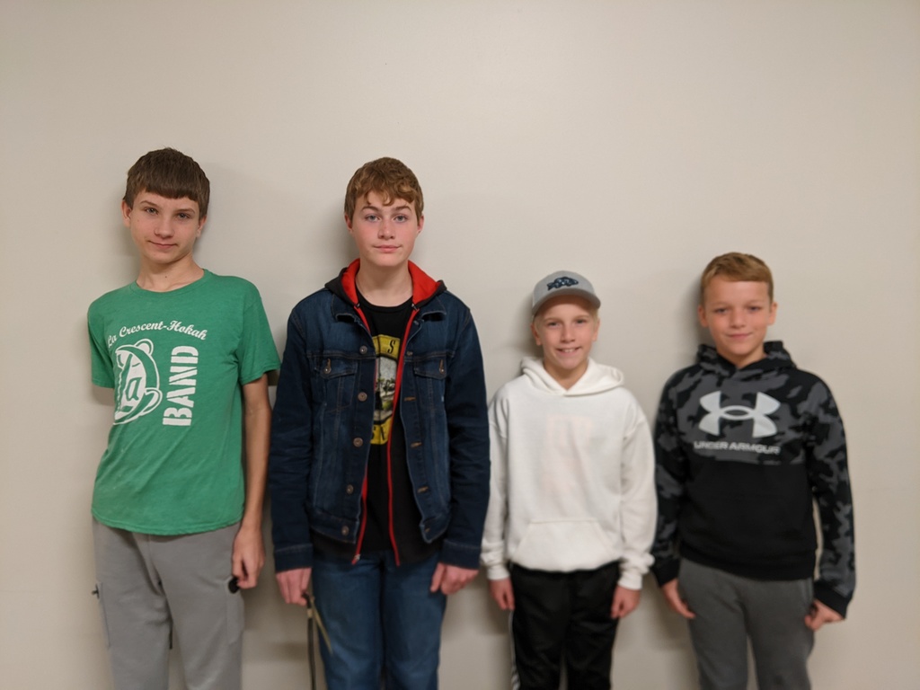 October Students of the month right to left: 8th grade, Jonah Christensen; 7th grade, Henry Martin; 6th grade, Sam Rislov; 5th grade, Oliver Hutchinson