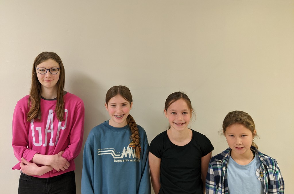 November students of the month were left to right: 8th grade, Abigail Ulrich; 7th grade, Ahna Klinski; 6th grade, Anna Wood; 5th grade, Cambria Wundrow